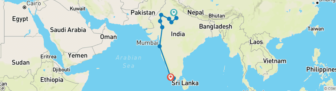 Image of a map showing the route of the tour