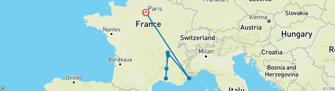 Image of a map showing the route of the tour