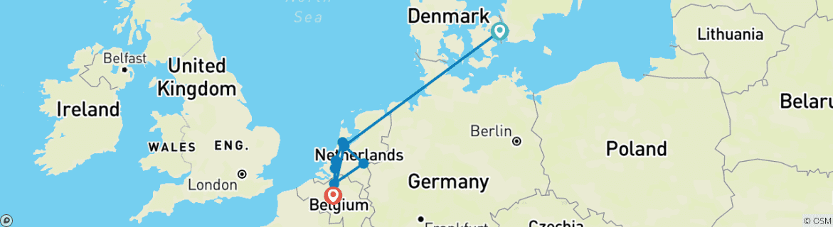 Image of a map showing the route of the tour