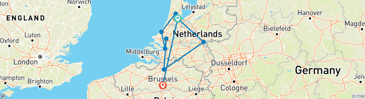 Image of a map showing the route of the tour