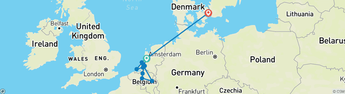 Image of a map showing the route of the tour