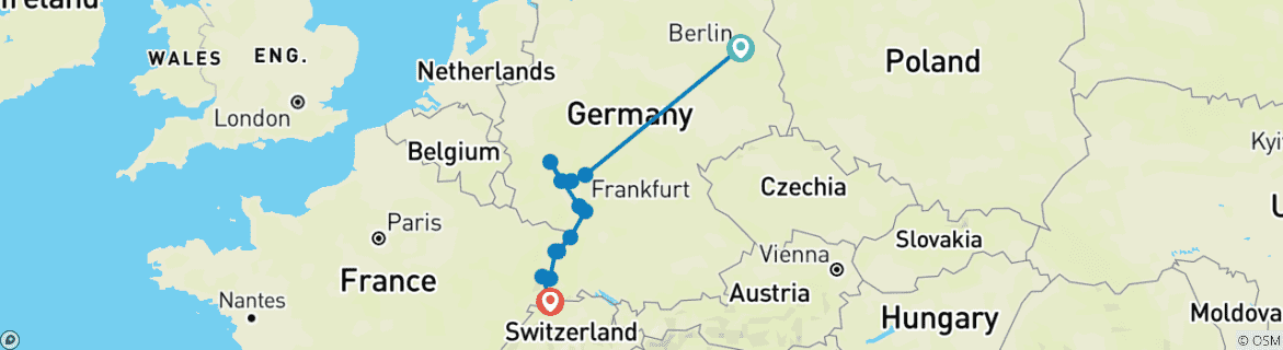 Image of a map showing the route of the tour