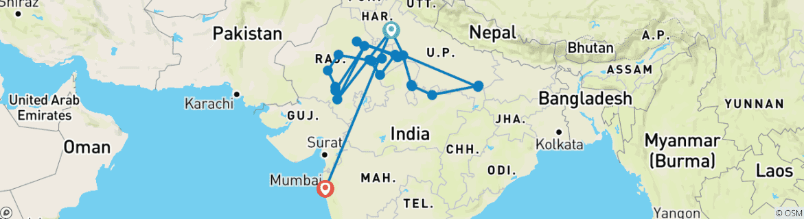 Image of a map showing the route of the tour