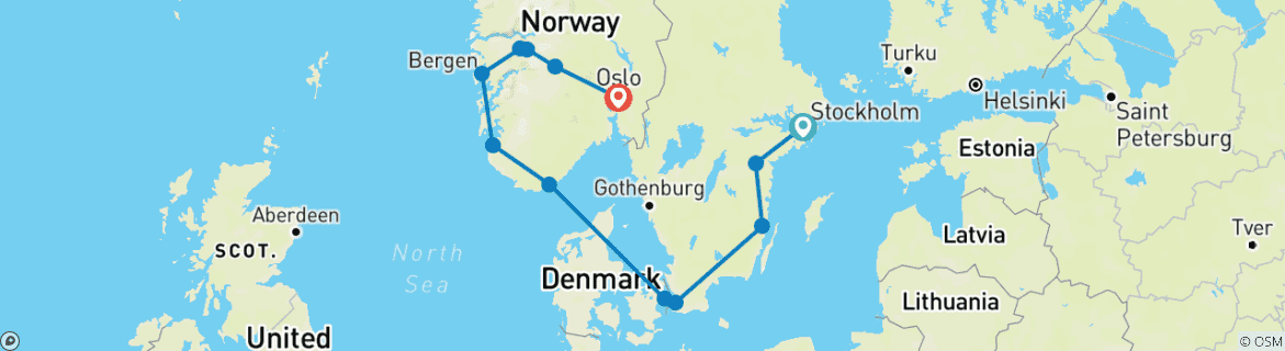 Image of a map showing the route of the tour