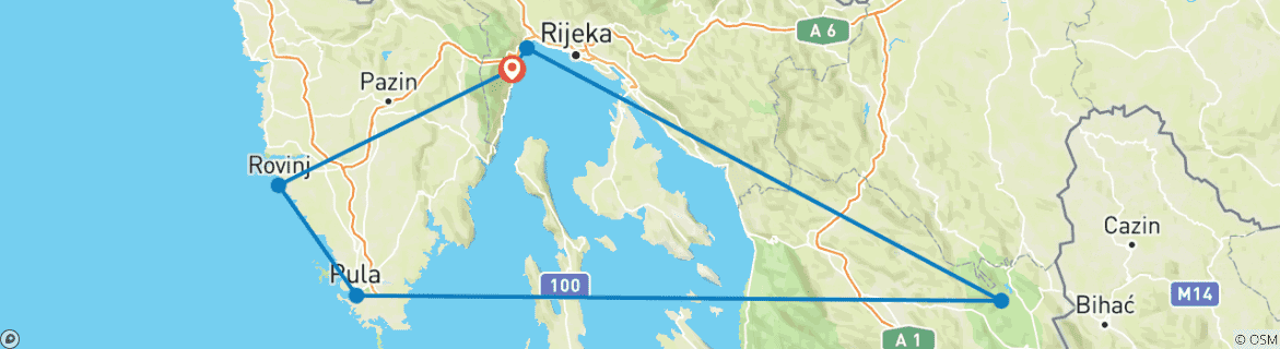 Image of a map showing the route of the tour