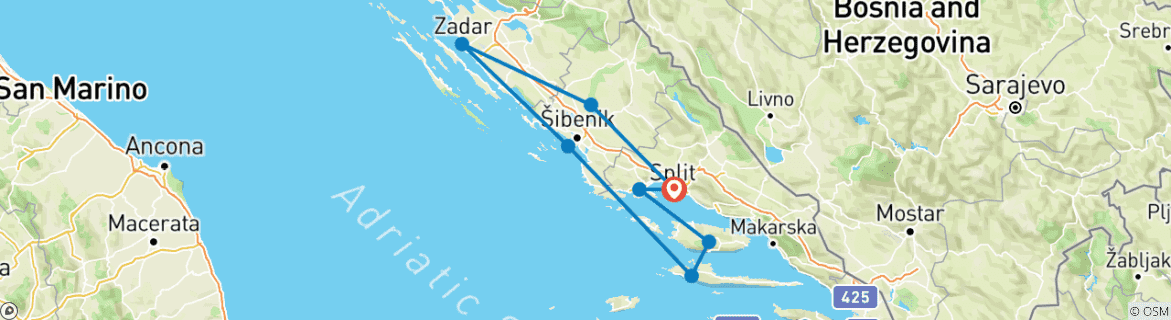 Image of a map showing the route of the tour