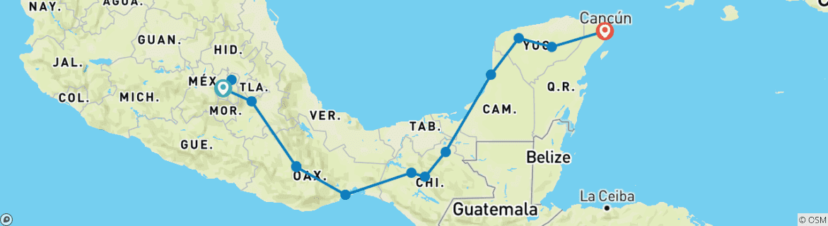 Image of a map showing the route of the tour
