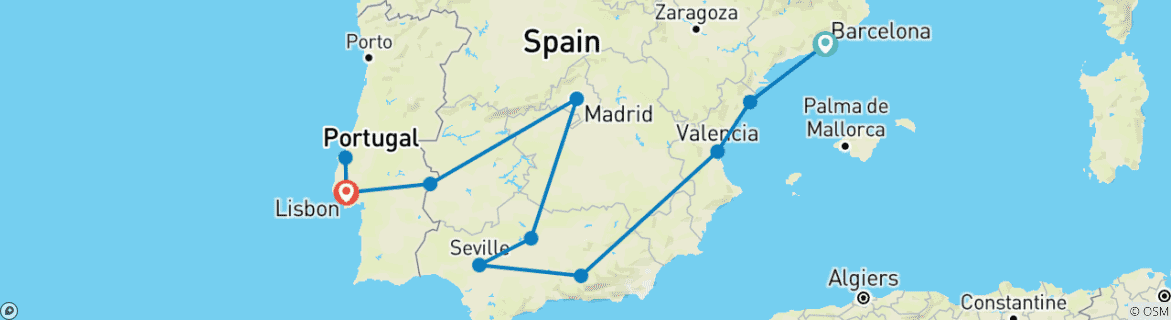 Image of a map showing the route of the tour