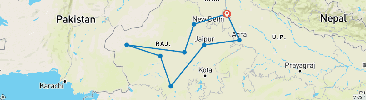 Image of a map showing the route of the tour