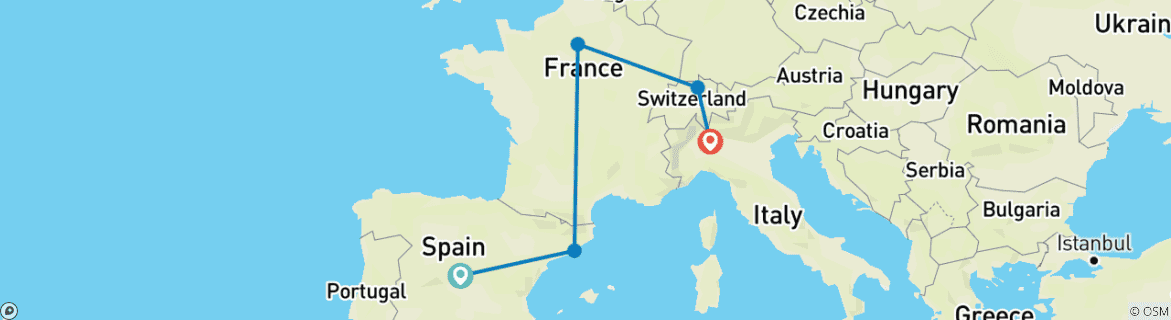 Image of a map showing the route of the tour
