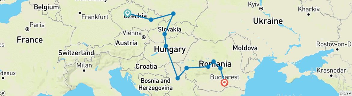 Image of a map showing the route of the tour