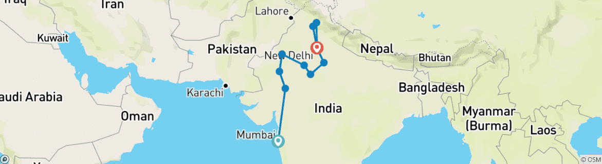 Image of a map showing the route of the tour
