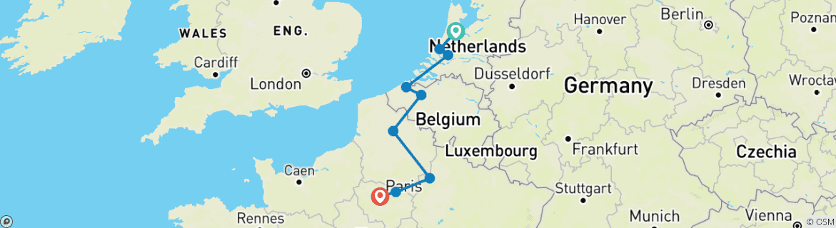 Image of a map showing the route of the tour
