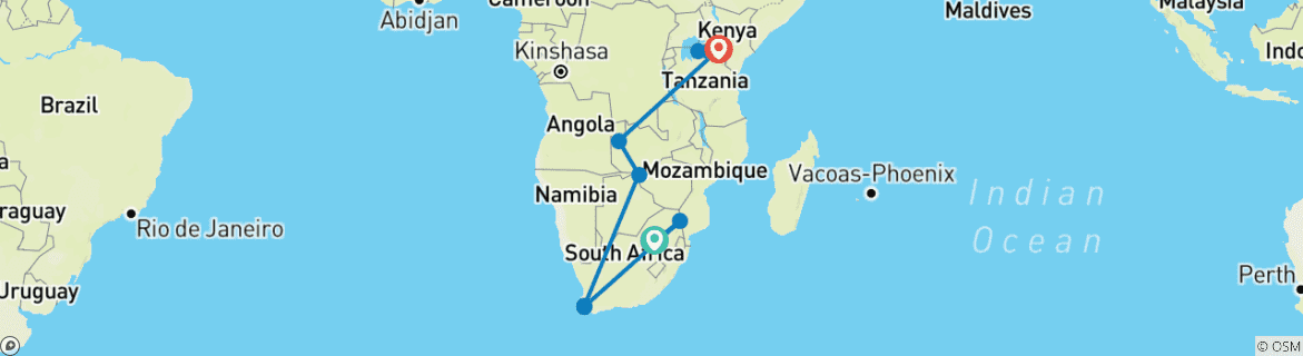Image of a map showing the route of the tour