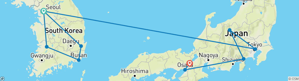 Image of a map showing the route of the tour