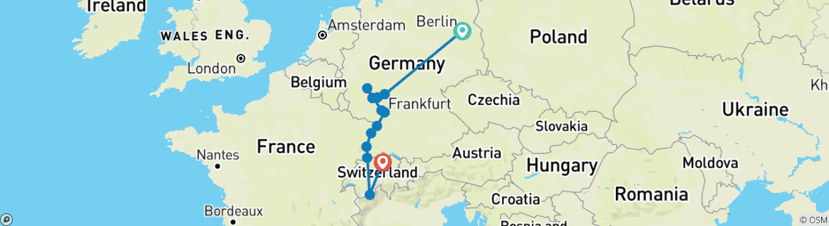 Image of a map showing the route of the tour
