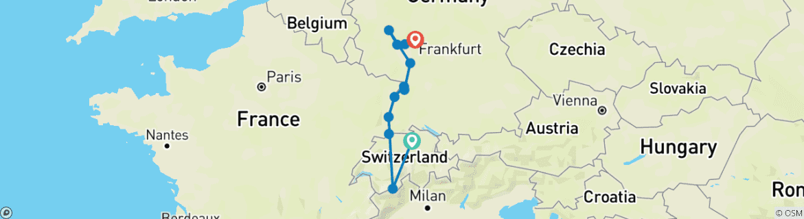 Image of a map showing the route of the tour
