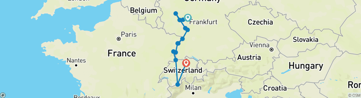 Image of a map showing the route of the tour
