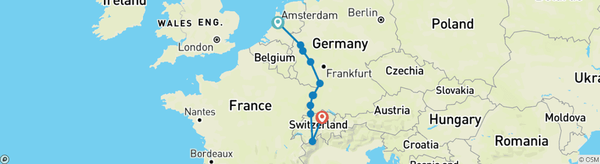 Image of a map showing the route of the tour