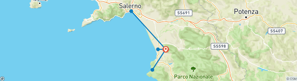 Image of a map showing the route of the tour