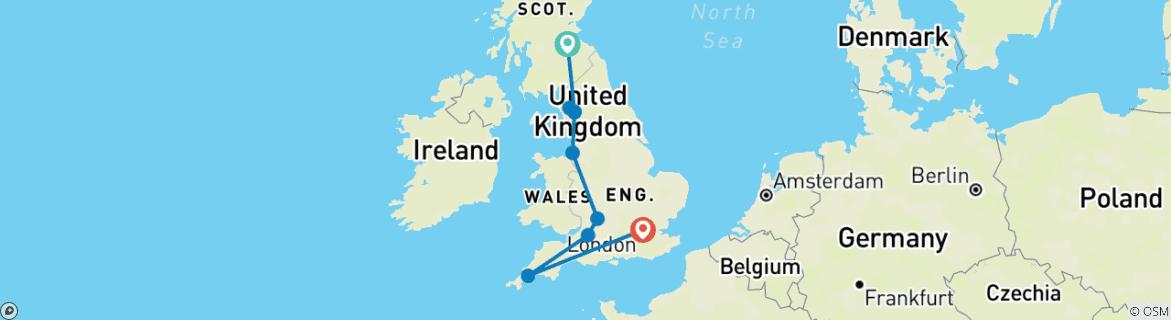 Image of a map showing the route of the tour