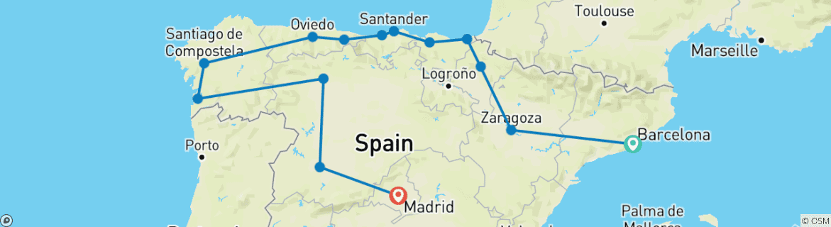 Image of a map showing the route of the tour
