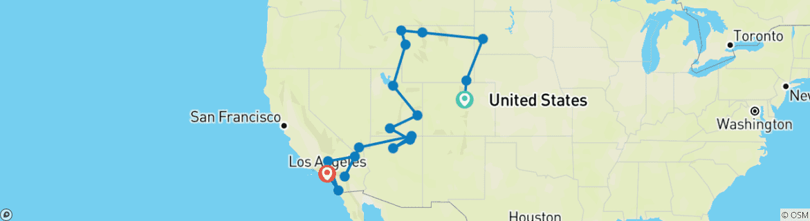 Image of a map showing the route of the tour