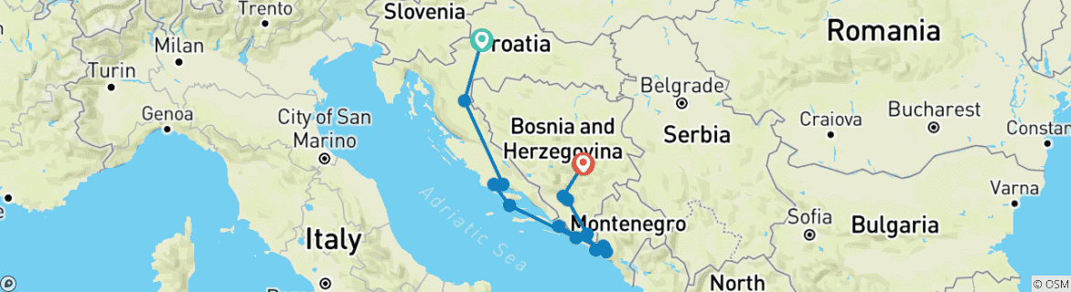 Image of a map showing the route of the tour