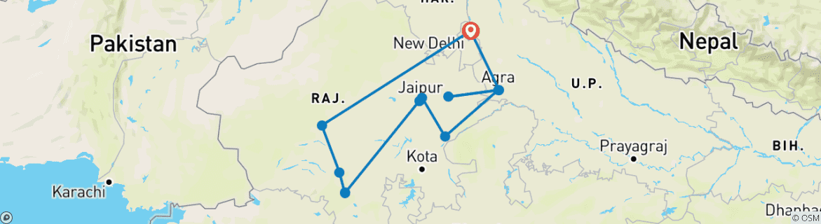 Image of a map showing the route of the tour