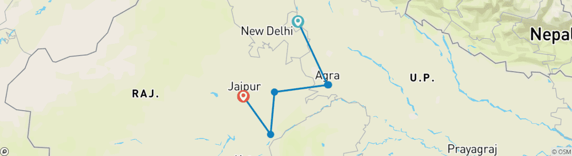 Image of a map showing the route of the tour