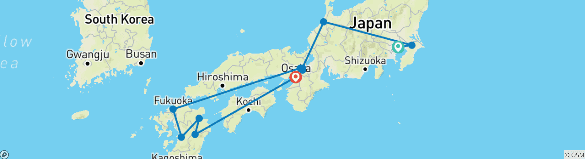 Image of a map showing the route of the tour