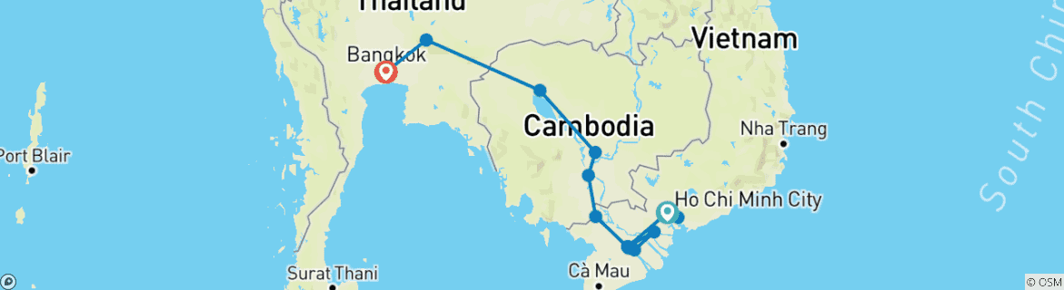 Image of a map showing the route of the tour