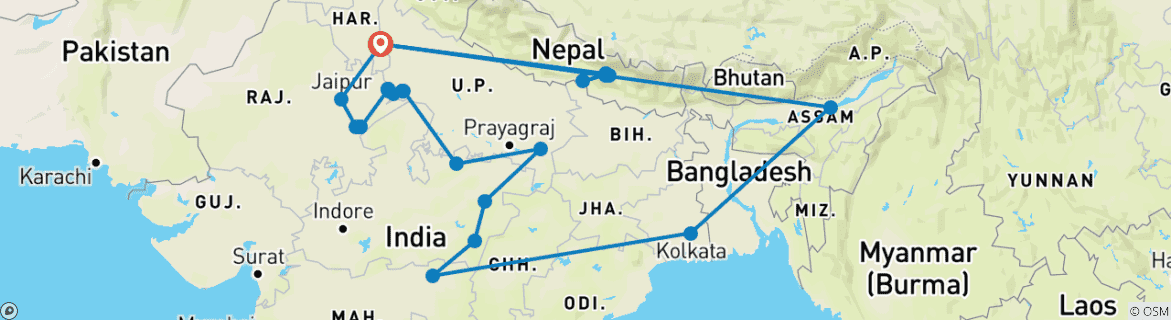 Image of a map showing the route of the tour