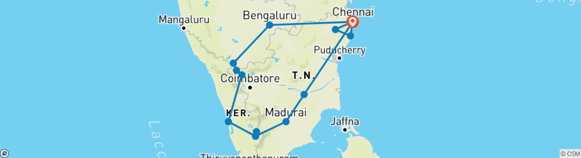 Image of a map showing the route of the tour