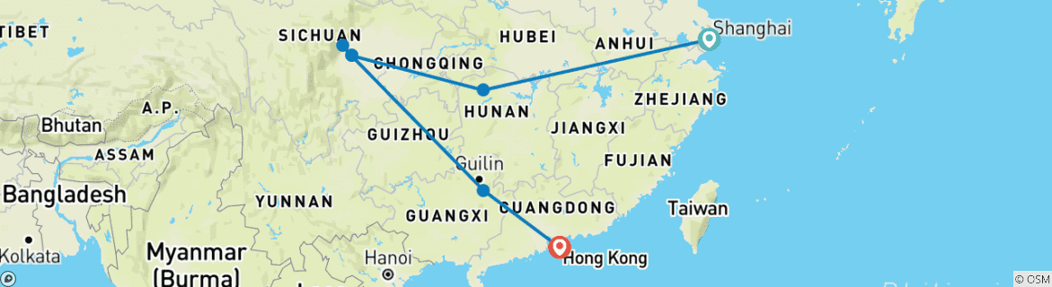 Image of a map showing the route of the tour