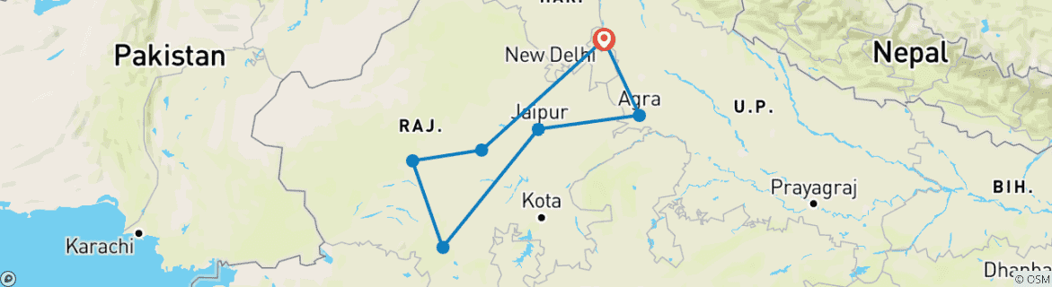 Image of a map showing the route of the tour