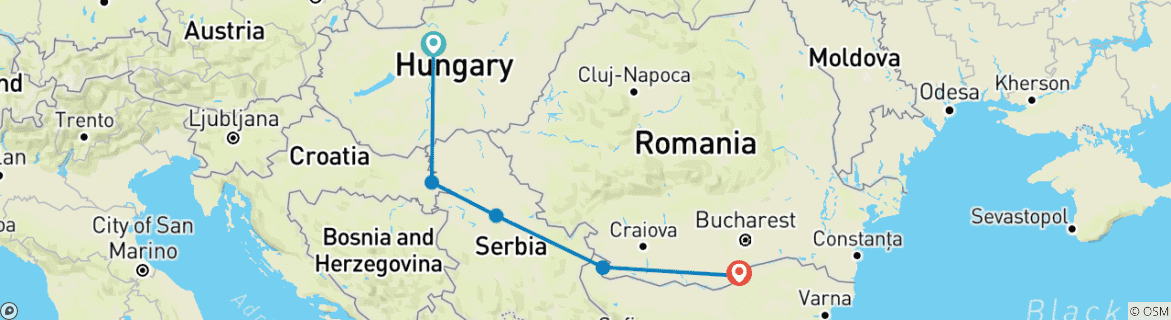 Image of a map showing the route of the tour