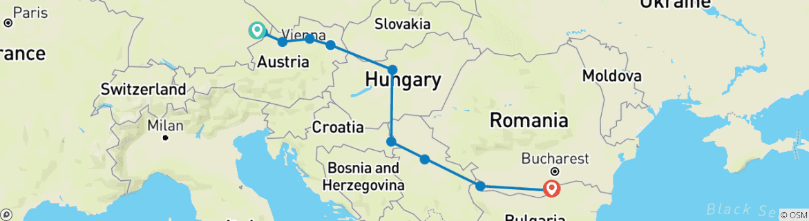 Image of a map showing the route of the tour