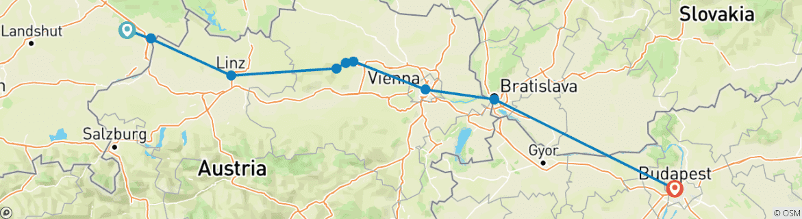 Image of a map showing the route of the tour