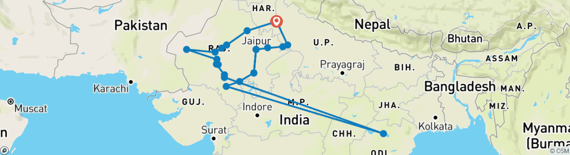 Image of a map showing the route of the tour