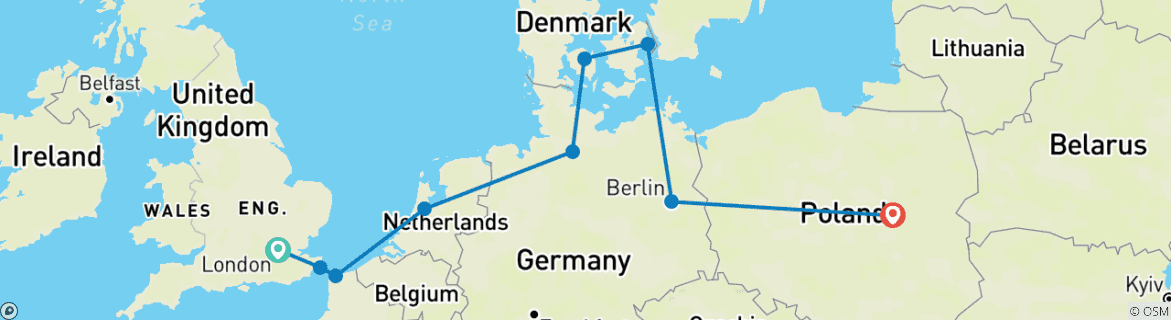 Image of a map showing the route of the tour