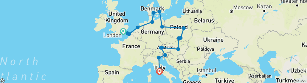 Image of a map showing the route of the tour