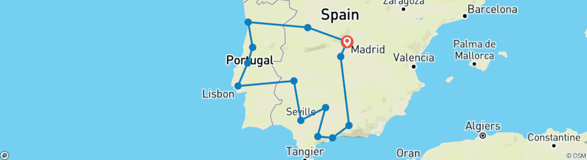 Image of a map showing the route of the tour