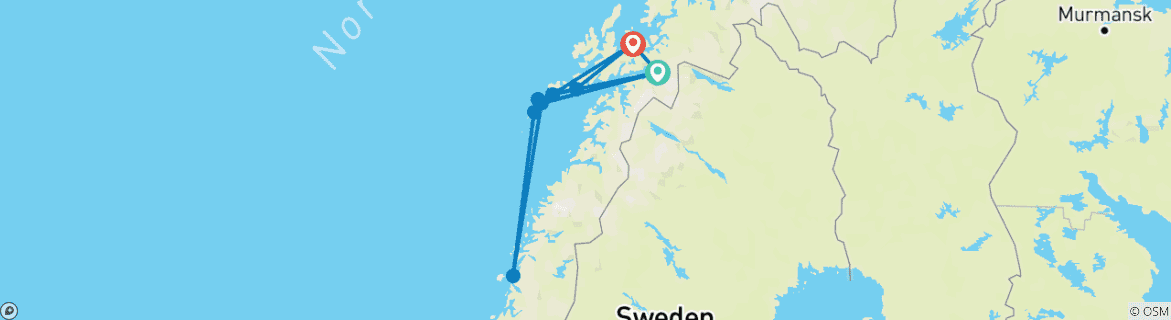 Image of a map showing the route of the tour