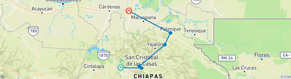 Image of a map showing the route of the tour