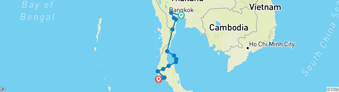 Image of a map showing the route of the tour