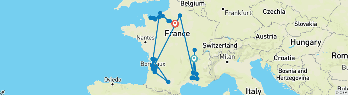 Image of a map showing the route of the tour