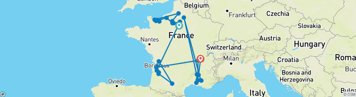 Image of a map showing the route of the tour