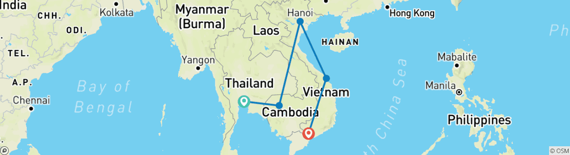Image of a map showing the route of the tour