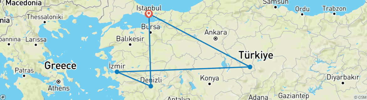 Image of a map showing the route of the tour